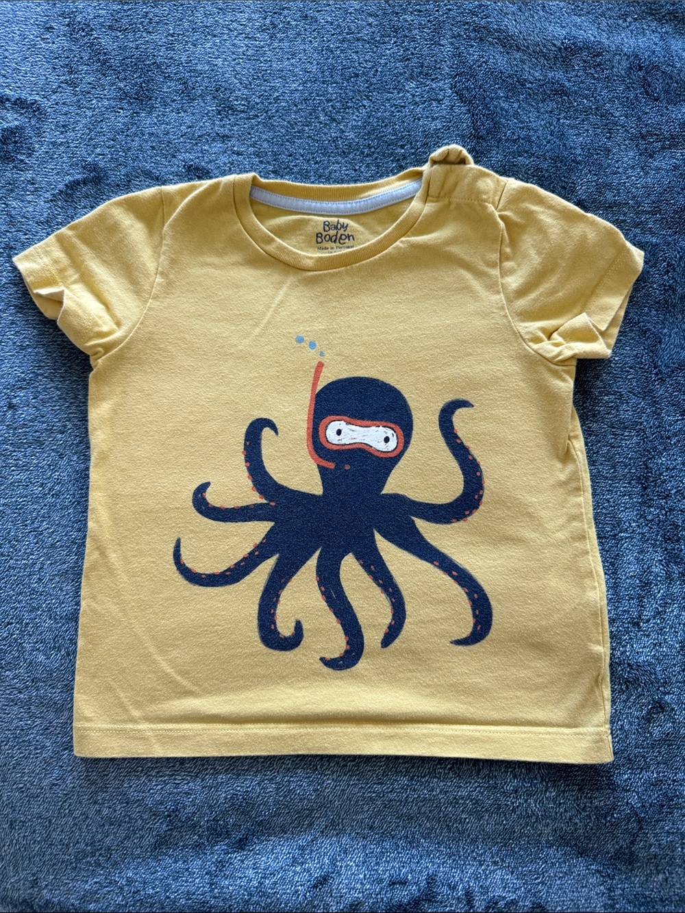 Baby Boden Yellow Tee with Navy Octopus Graphic